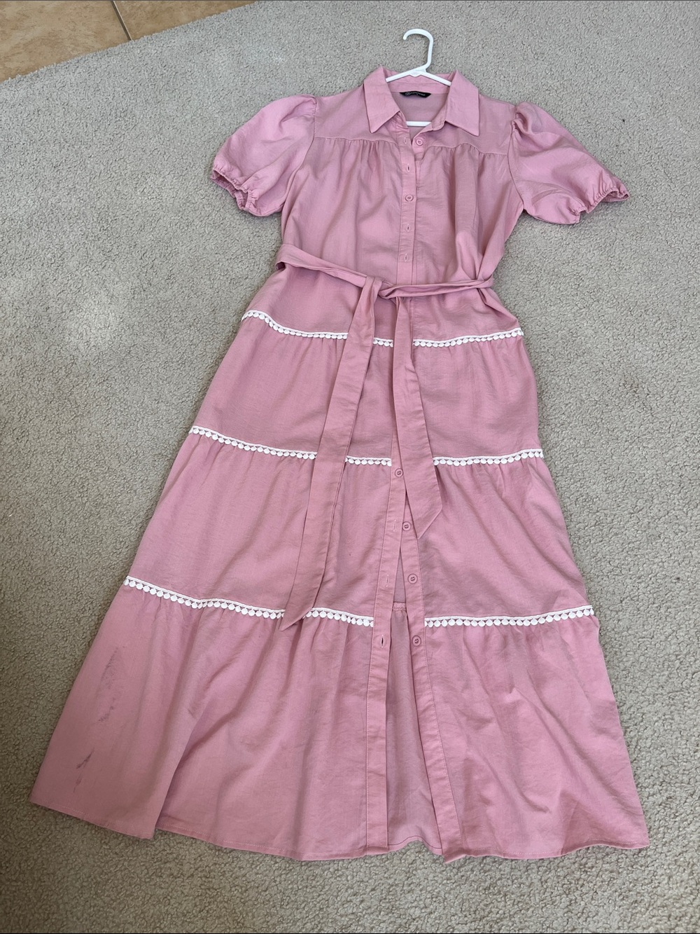Pink Button-Front Midi Dress Puff Sleeves with Tie Waist and pockets L